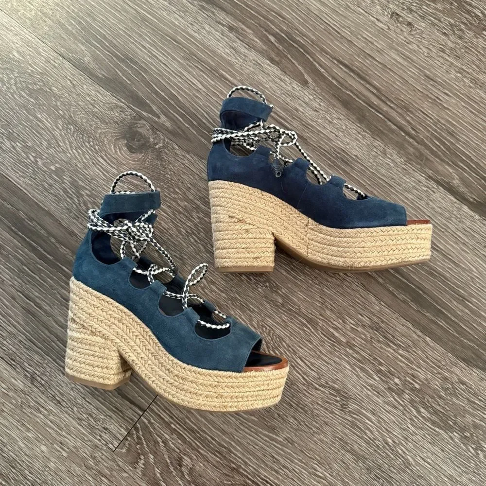 Tory Burch Positano lace-up platform espadrille sandal in blue suede